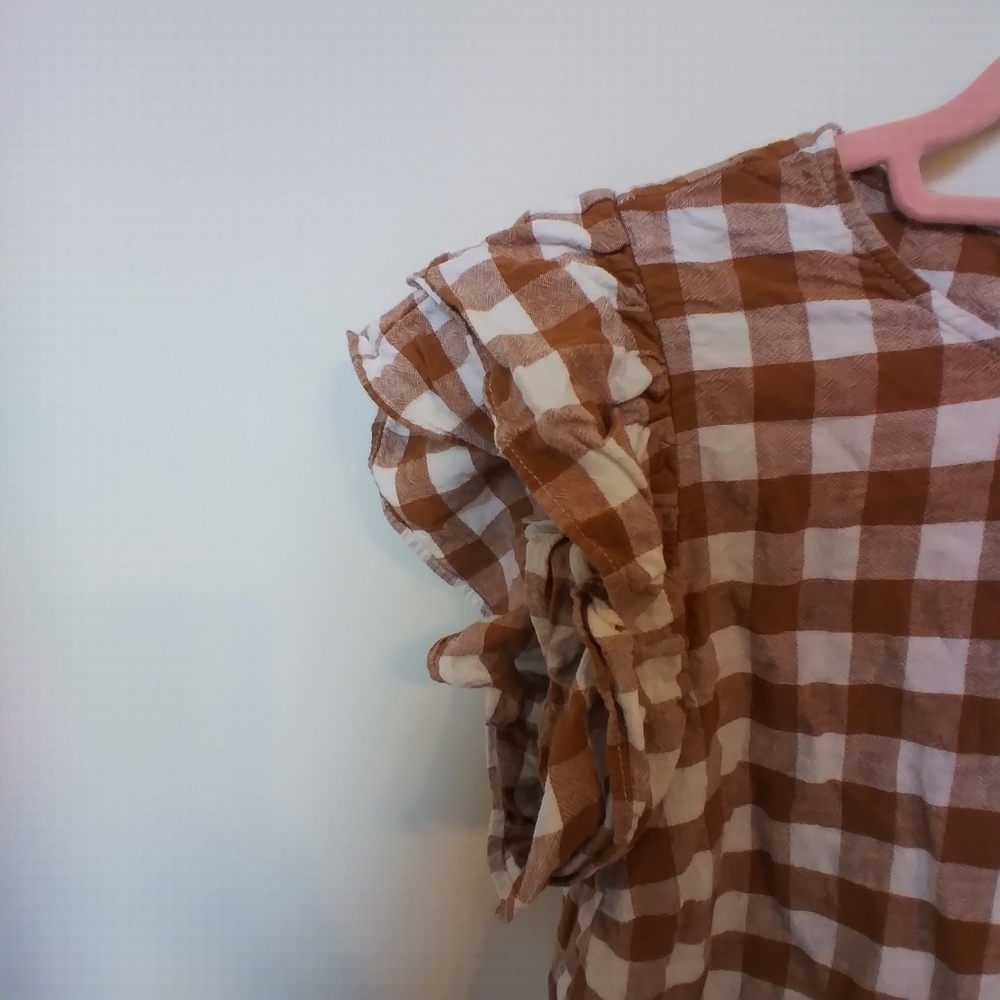 A New Day Neutral Plaid Linen Blend Short Ruffle Sleeve Blouse Size Medium - Picture 4 of 7